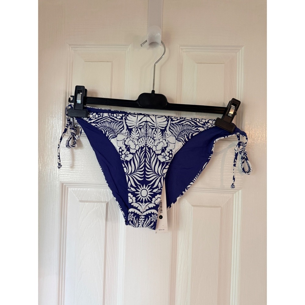 The White Lotus x AQUA Side Tie Bikini Bottom Blue White Tropical Damask Large